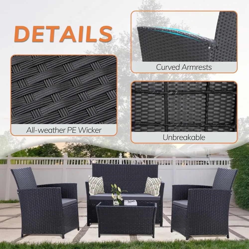 Patio Furniture Set, Outdoor Wicker Conversation Set, Rattan Sectional Sofa Couch with Glass Coffee Table & Thick Cushion