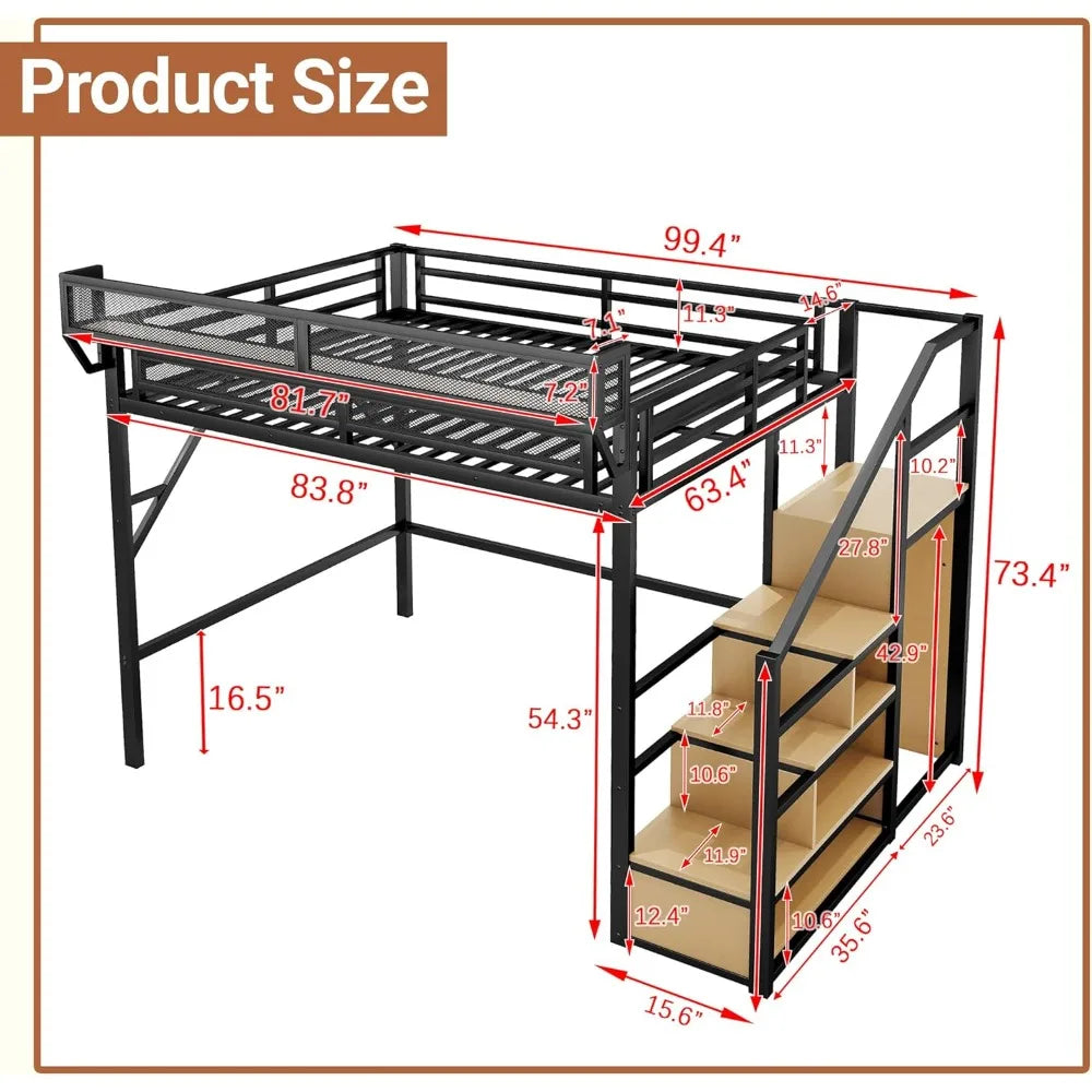 Queen Size Loft Bed with Stairs and Storage, Metal Loft Bed Frame with Bedside Shelf and Large Under-Bed Space, Heavy-Duty Beds
