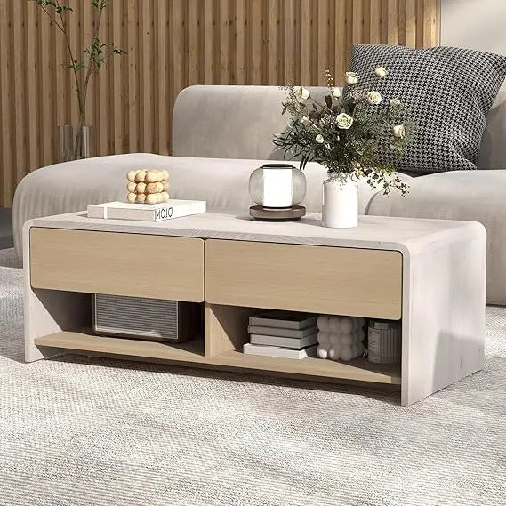Coffee Table with Storage Drawers, 43 Inch Modern Cocktail Tea Table with 2 Compartments, Wooden Rectangular Center Table