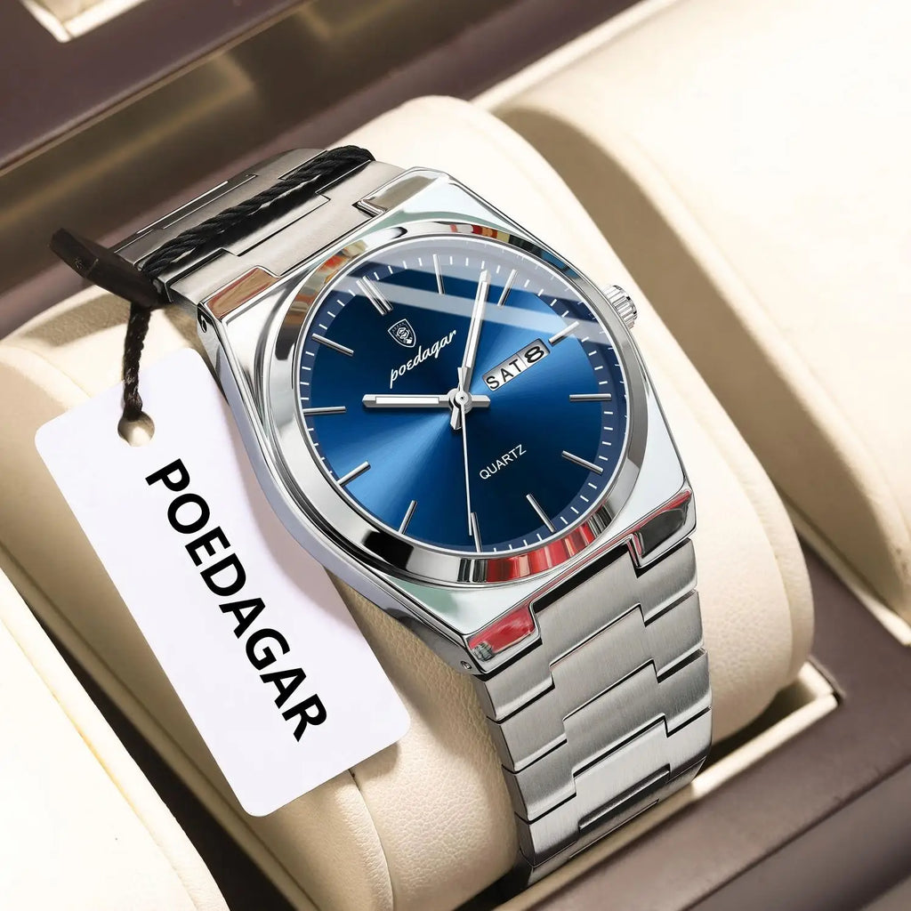 POEDAGAR Luxury Business Watches For Men Stainless Steel Waterproof Luminous Man Watch Date Week Quartz Fashion Men's Wristwatch