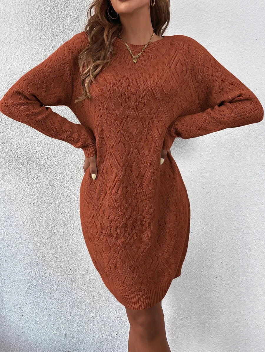 Rust Orange Knit Sweater Dress with Diamond Pattern, Long Sleeve Round Neck, Casual Autumn Winter Wear