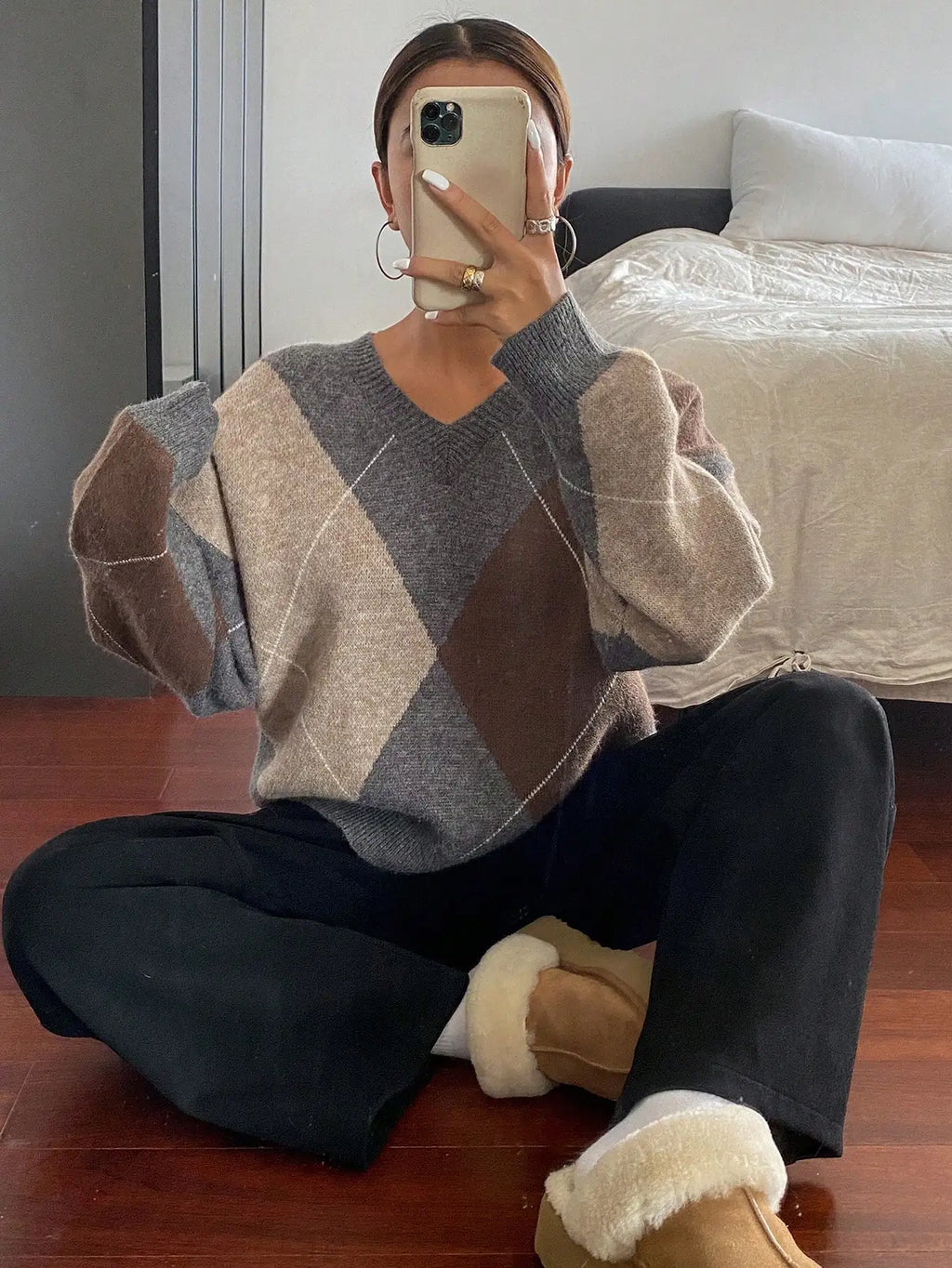 Plaid Loose Long Sleeve Crew Neck Women Sweater, Fall Clothes,Long Sleeve Tops