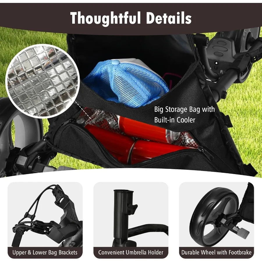 3 Wheel Golf Push Cart with Aluminum Frame for Easy Transport and Storage Features Elastic Strap Umbrella Holder Cup Holder Sco