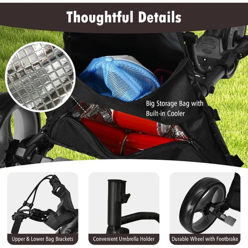 3 Wheel Golf Push Cart with Aluminum Frame for Easy Transport and Storage Features Elastic Strap Umbrella Holder Cup Holder Sco
