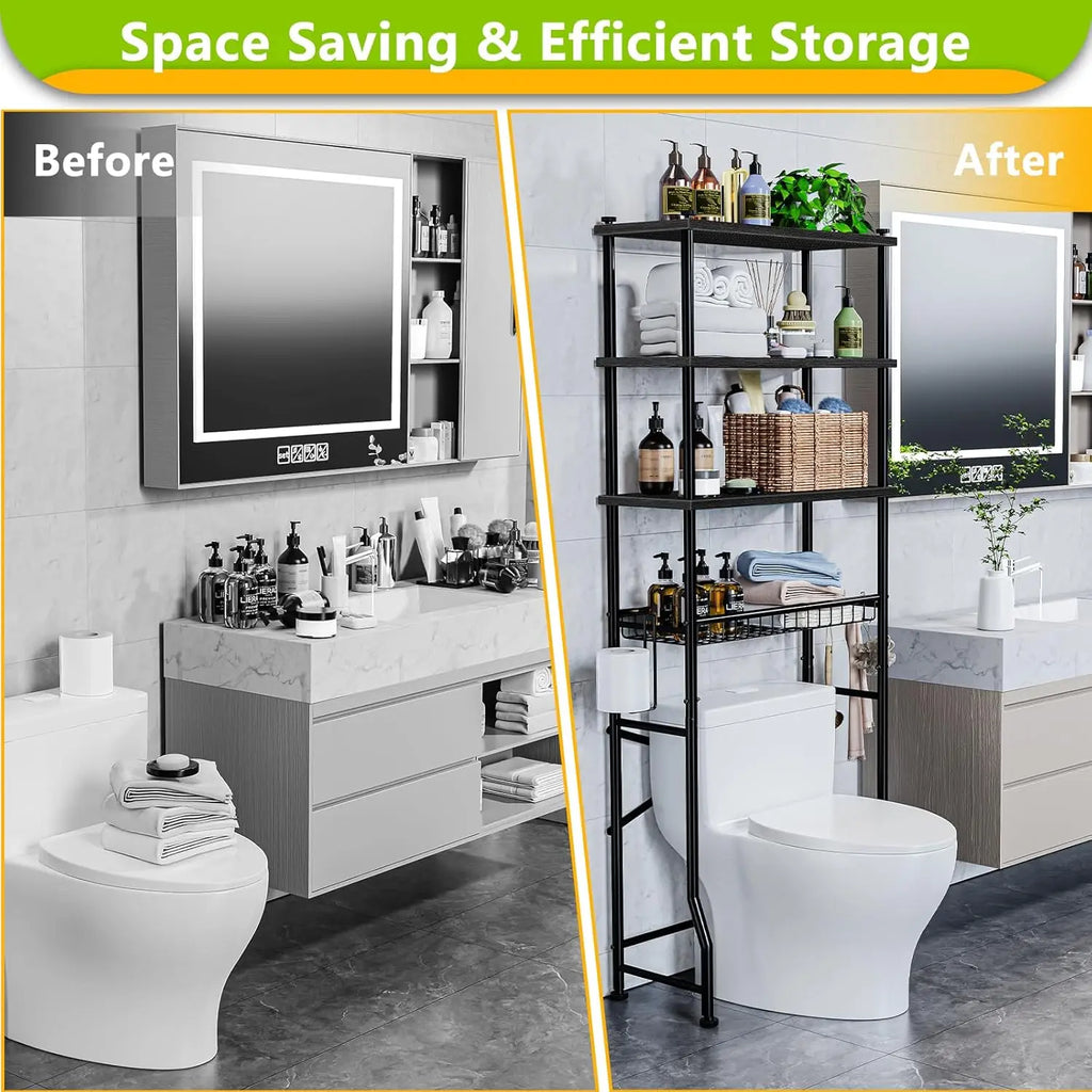 4-Tier Over-The-Toilet Storage Rack with Adjustable Shelf and Basket, Freestanding Space Saver for Bathroom (Black)