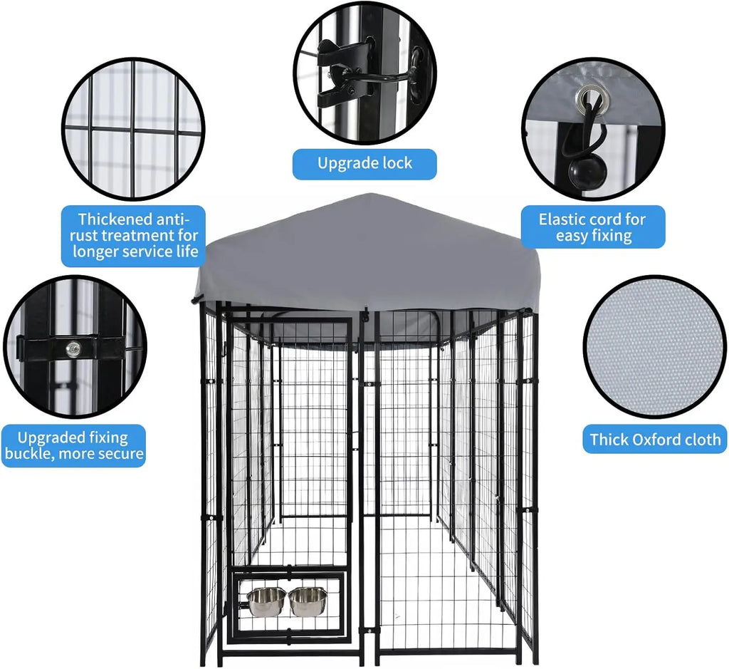 8x4x6 FT Dog Kennel Outdoor for Large Dogs - Heavy Duty Welded Steel Dog Playpen with Waterproof Roof, 360° Rotating Bowls