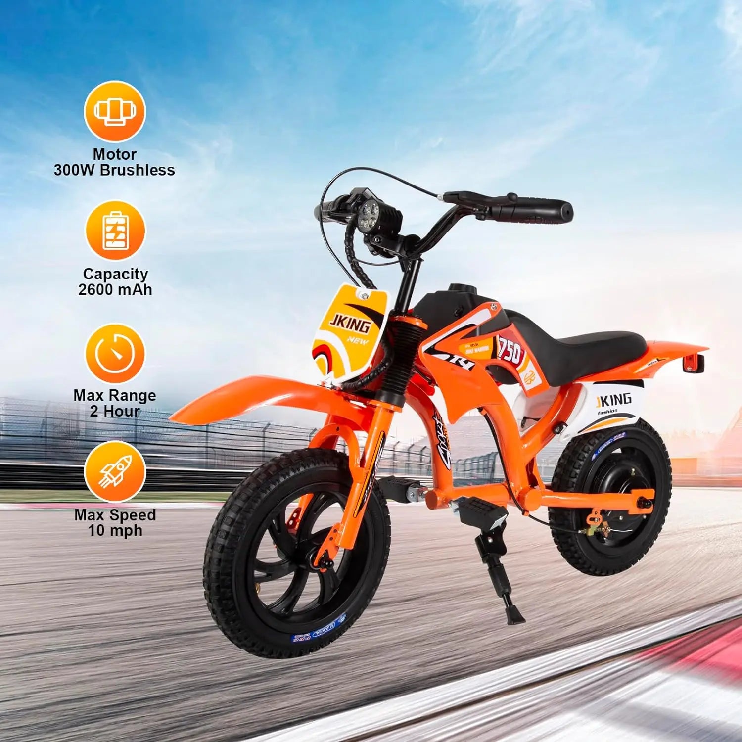 Kids Electric Dirt Bike C6, 12-inch 300W Brushless Motor, 3-Speed LCD, 10 MPH Top Speed, Orange