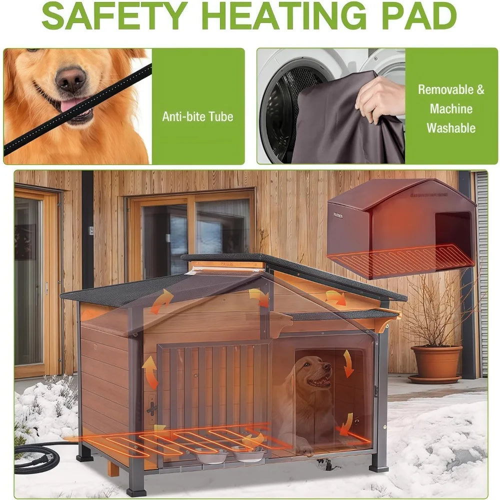 Heated Dog House Outdoor, Insulated Dog Kennel with Heating Pad for Winter,Weatherproof Dog Shelter with Anti-Chewing Metal
