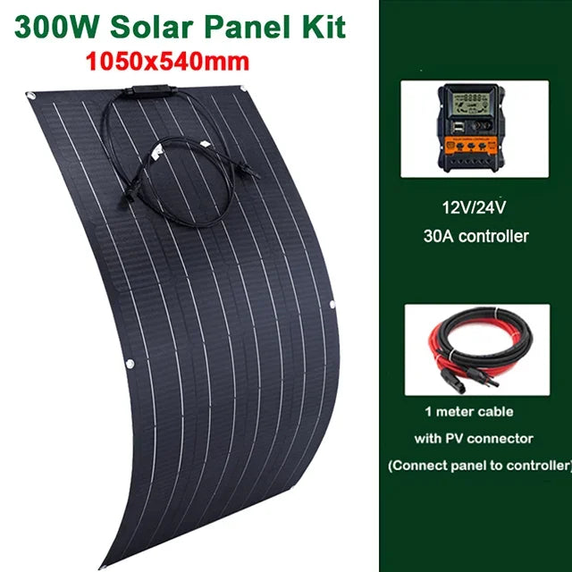 ETFE 300W Solar Panel 18V Semi-flexible Monocrystalline Solar Cell DIY Cable Outdoor Car RV Waterproof Rechargeable Power System