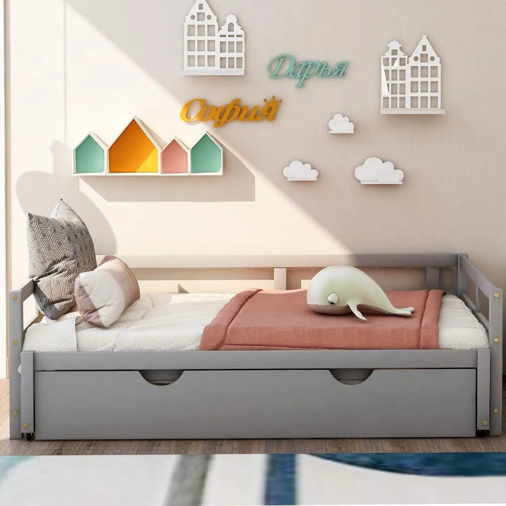 extendable daybed with trundle beds, wood daybed frame with pull out trundle, twin to king design extending daybed for kids girl