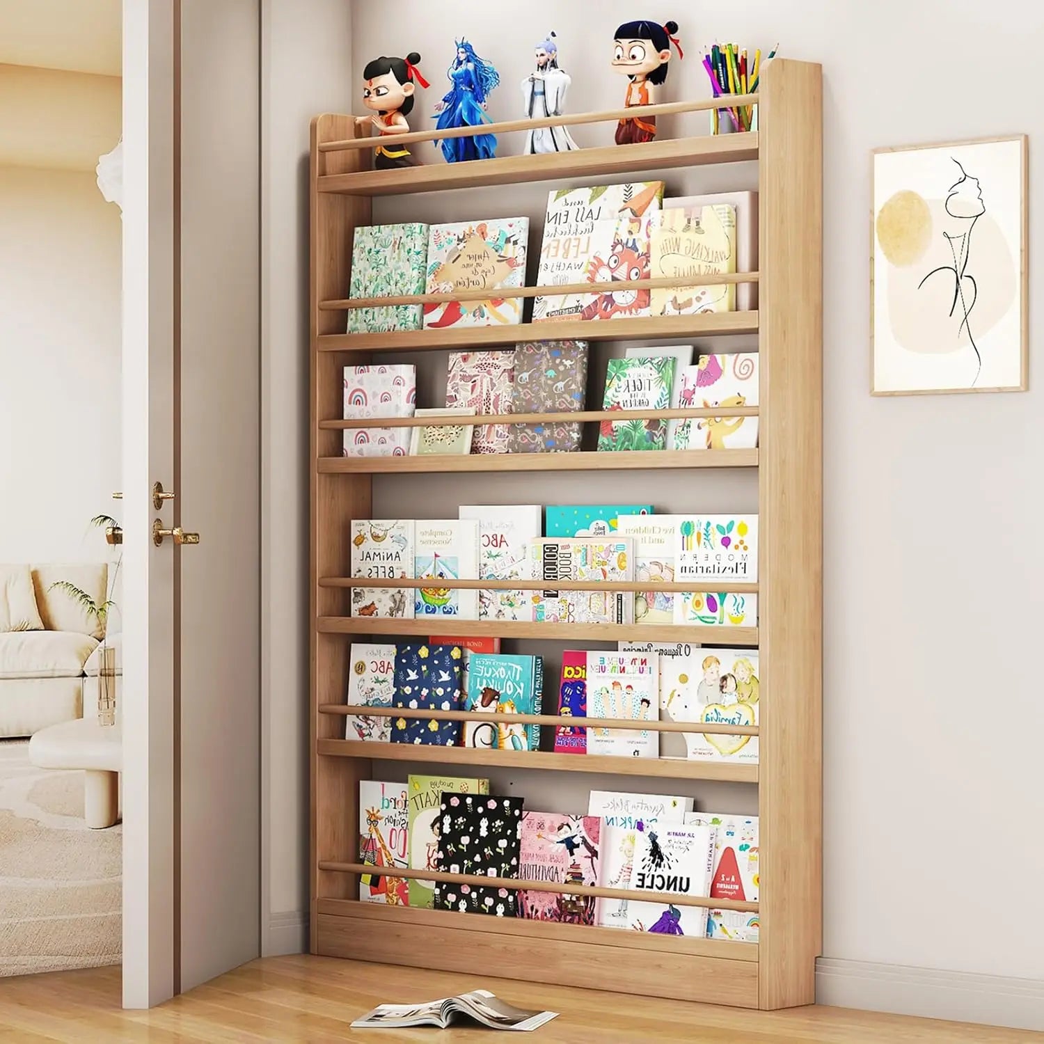 Behind The Door Bookshelf, 6-Tier Wooden Bookcases with Open Display Shelves, Behind The Door Storage Organizer for Toys and Boo