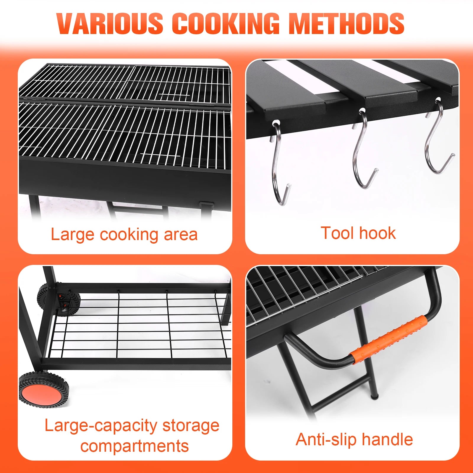 Extra Large Outdoor BBQ Grill with 2 Foldable Side Tables Portable Charcoal Grill for Backyard Camping Patio Parties and Picnics
