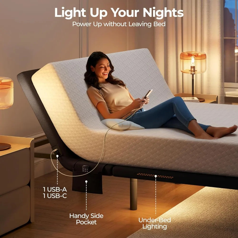 Queen Size Adjustable Bed with Wireless Remote, Massage, Nightlight, Height Adjustable Legs, and Incline Head and Foot Controls