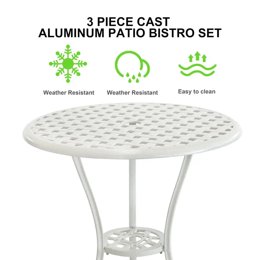 Bistro Table and Chairs Set of 2, Cast Aluminum White Bistro Set Outdoor, Patio Bistro Sets with Umbrella Hole, Round Back Yard