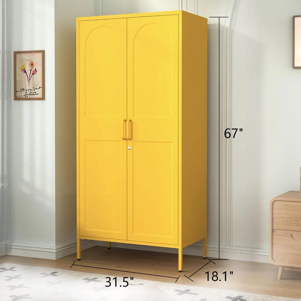 67 Inch Steel Lockable Wardrobe Cabinet with Hanging Rods, Adjustable Shelves for Home Storage