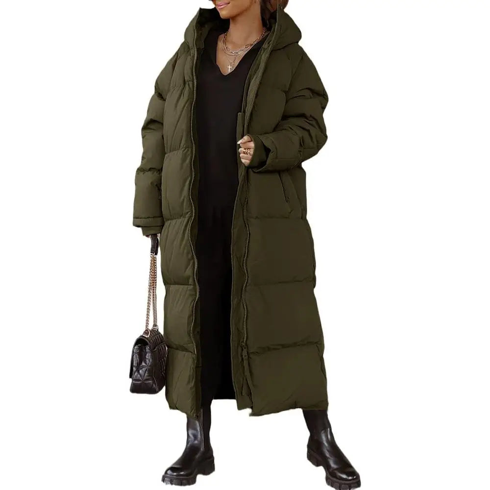 Women Long Quilted Coat Hooded Maxi Length Long Sleeve Puffer Jacket Padded Coat Winter Outerwear