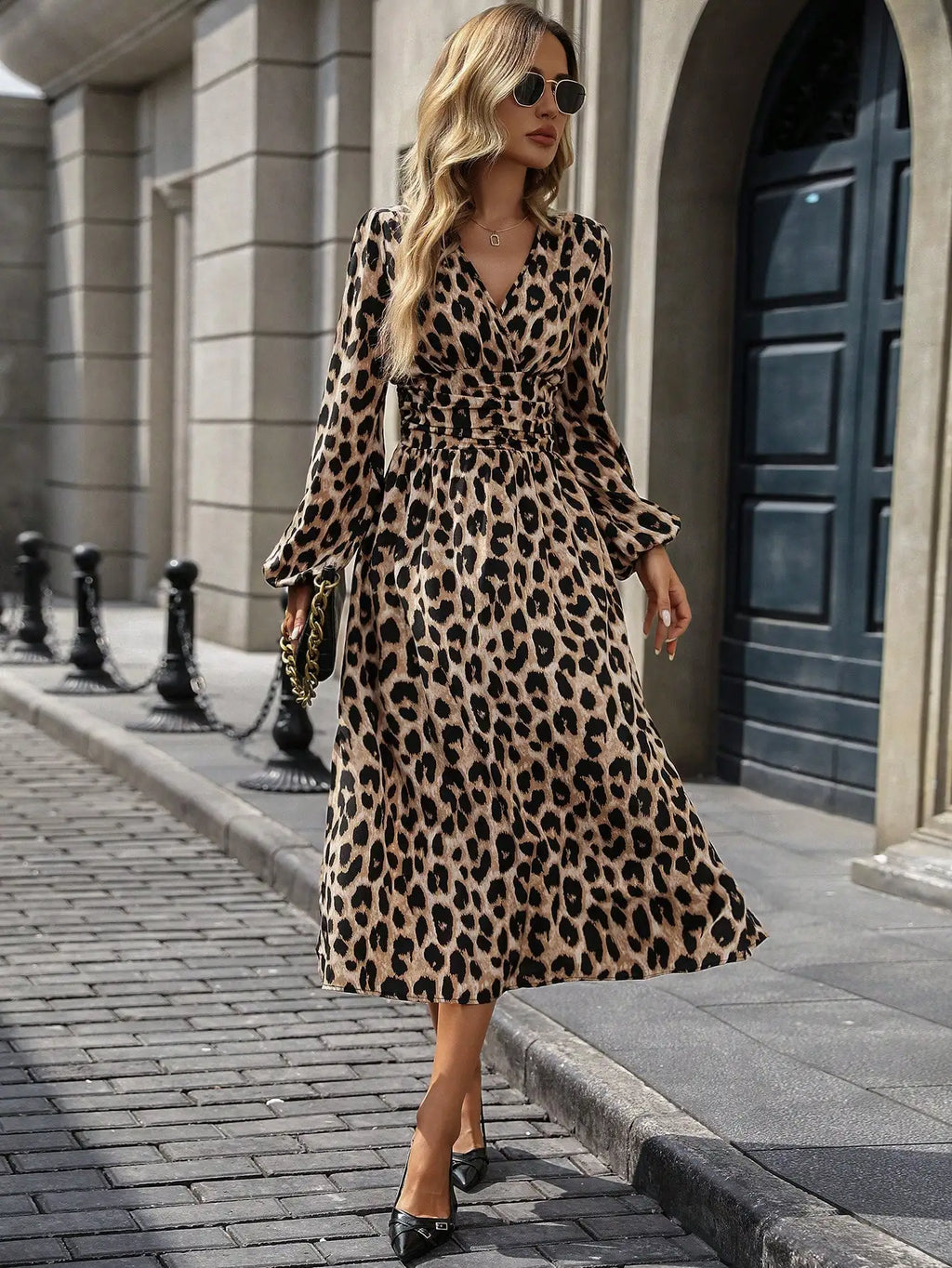 Casual Leopard Print Lantern Sleeve Ruched Waist Dress, Autumn Maxi Women Outfit Fall Cloth For Women