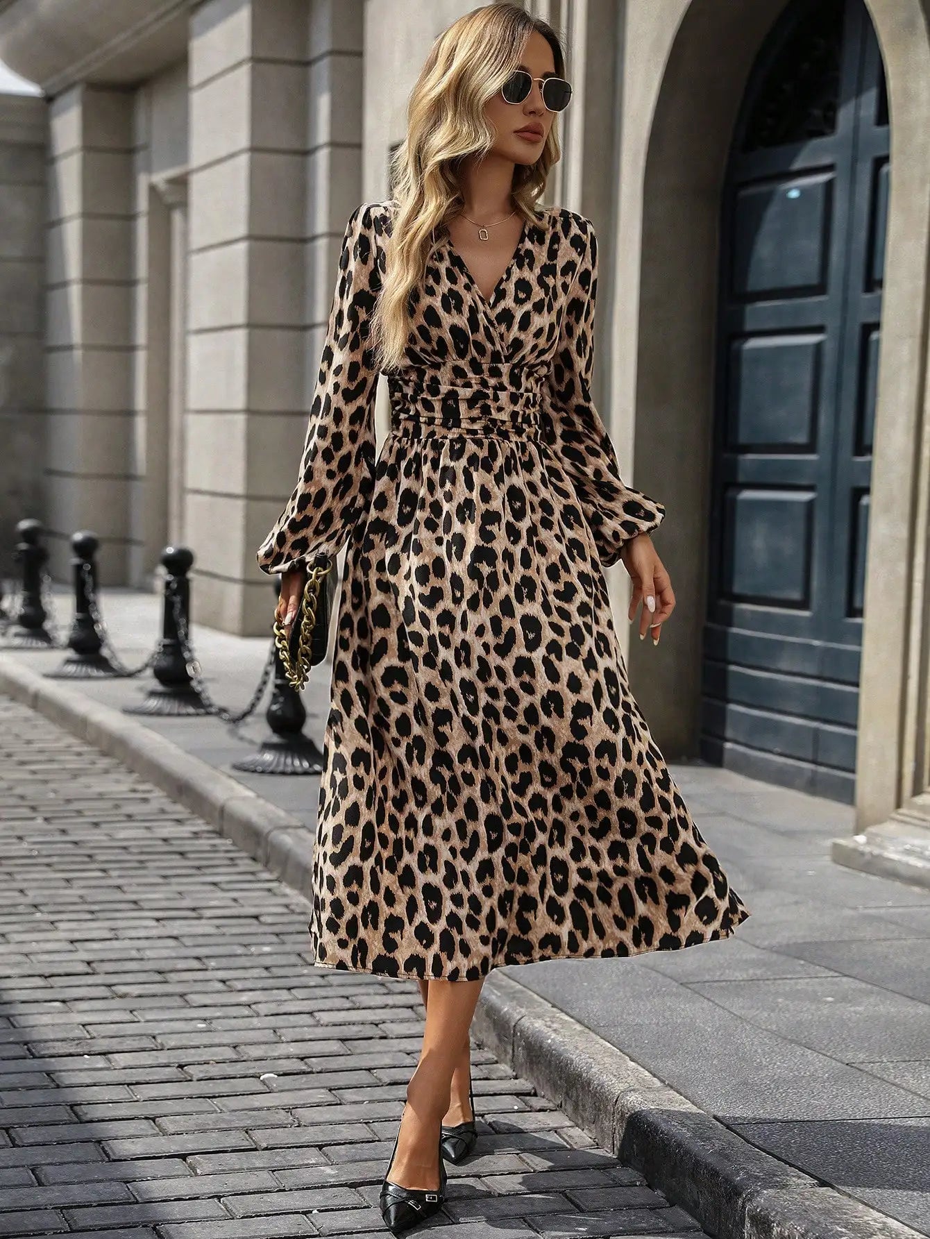 Casual Leopard Print Lantern Sleeve Ruched Waist Dress, Autumn Maxi Women Outfit Fall Cloth For Women