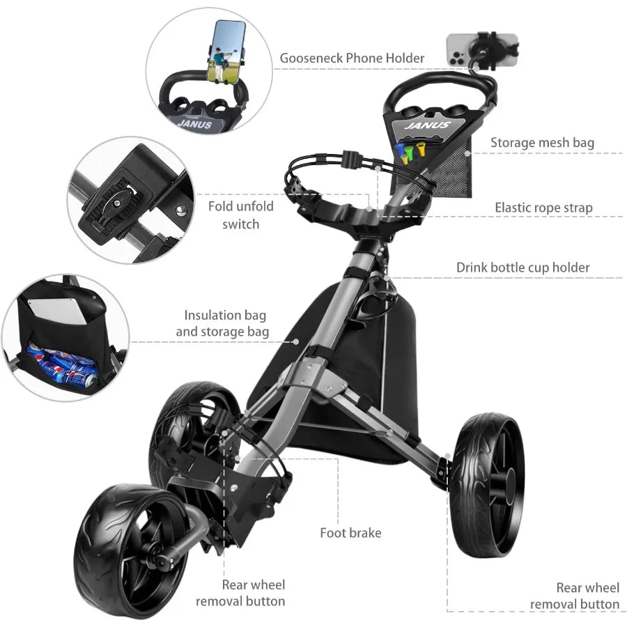 Golf Push Cart 3 Wheel Foldable with One-Click Folding Compact Golf Bag Cart Wide EVA Wheels Foot Brake Elastic Wing Stra