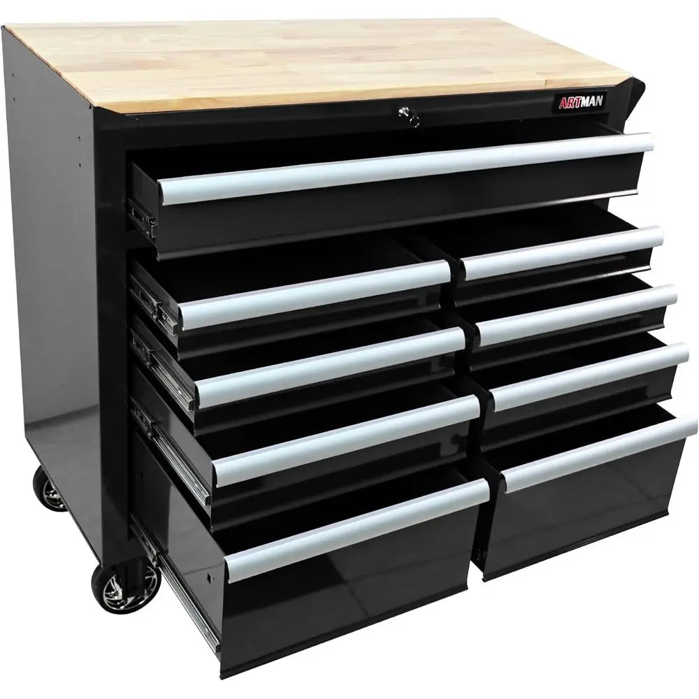 9-Drawer Mobile Tool Chest with Wood Top, Heavy Duty Rolling Workbench for Garage, Workshop, and Repair Shop (Black)