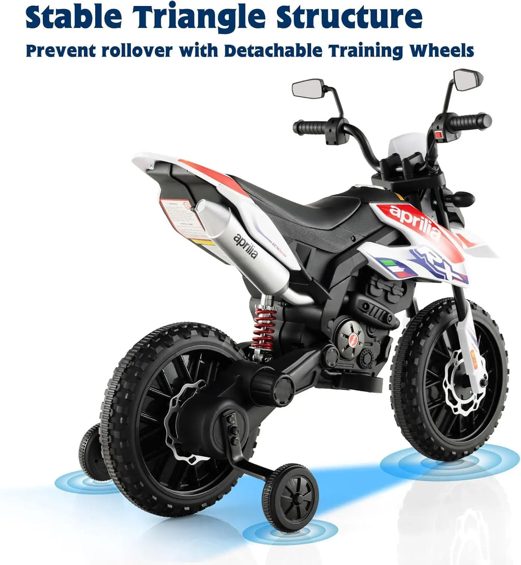Kids Electric Dirt Bike, Aprilia RX125 Licensed 12V Ride-on with Training Wheels, Suspension, Bluetooth & Lights