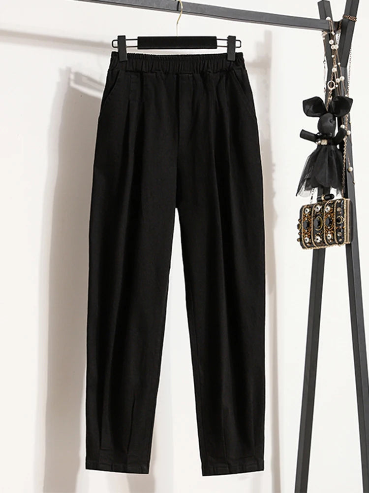 New 2024 Autumn Plus Size Jeans For Women High Elastic Waist Loose Blue Black Color Jeans Trousers Korean Fashion Casual Pants
