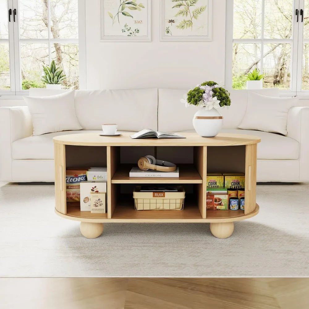 Mid-Century Modern Coffee Table with Fluted Design and Storage for Living Room
