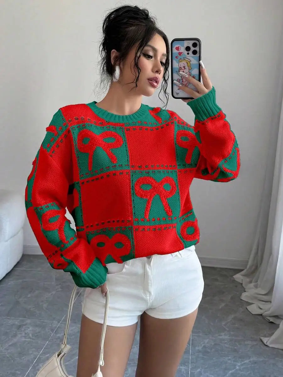 Pink & White Checkered 3D Bow Knit Pullover Sweater, Round Neck, Fall Winter Casual Style