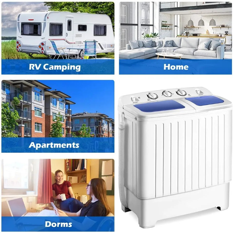 Portable Mini Compact Twin Tub Washing Machine 20lbs Washer Spain Spinner Portable Washing Machine Blue+ White