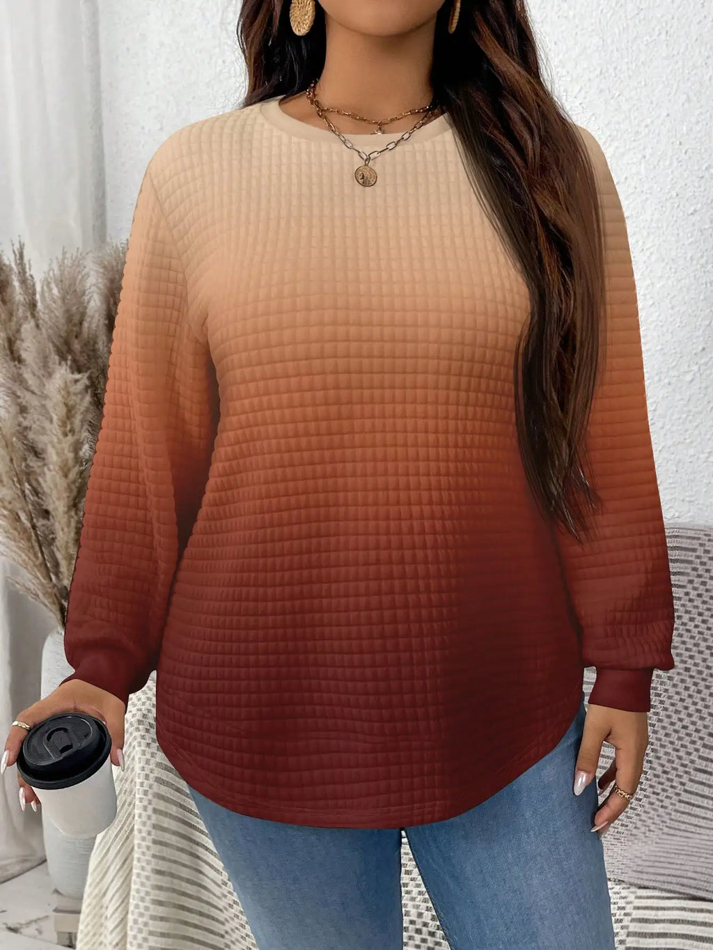 Ombre Waffle Knit Sweatshirt for Women, Plus Size Casual Long Sleeve Top, Autumn Winter Fashion