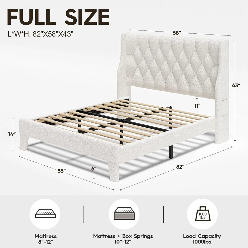 Full Size Bed Frame with Headboard, White Platform Bed Frame with Type-C and USB Ports, Wingback Bedframe with Headboard and Sto