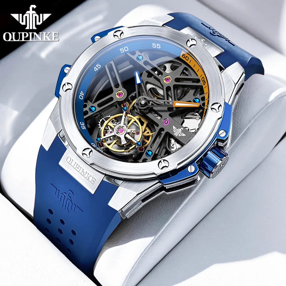 OUPINKE Tourbillon Movement Top Brand Men's Watches Waterproof Silicon Tape Automatic Mechanical Watch Hollow Out Original Watch