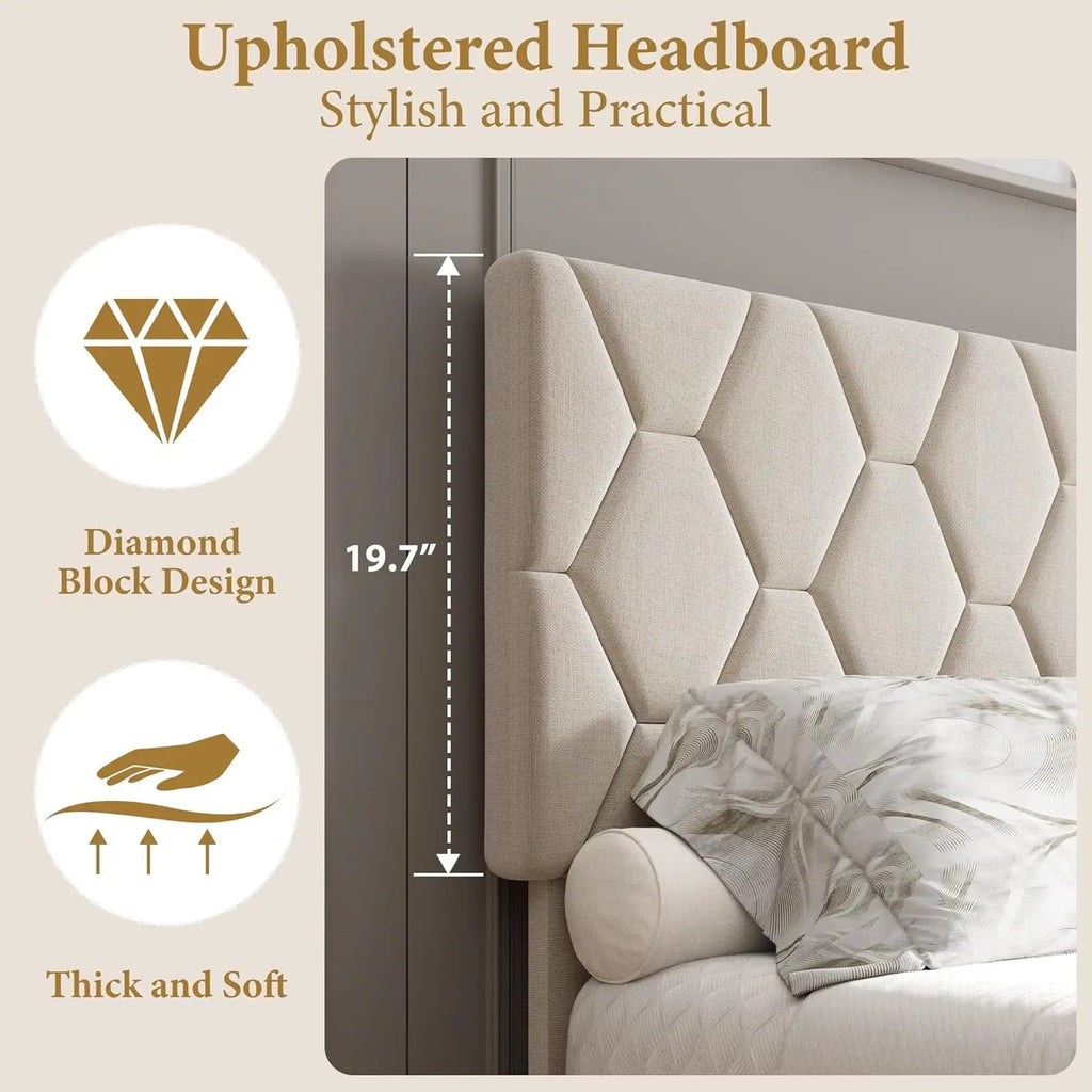 Beige King Bed Frame with Upholstered Headboard, Heavy-Duty Platform Bed Frame with Strong Wood Slats, No Box Spring Needed