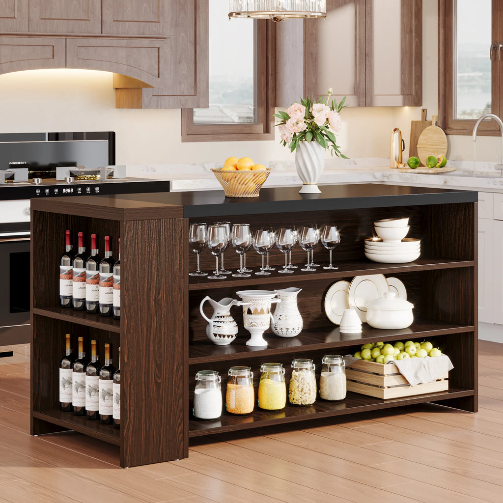 Tribesigns 55" Kitchen Island with Storage, Farmhouse 5-Tier Stationary Island Table with 5 Shelves, Wood Coffee Bar Table