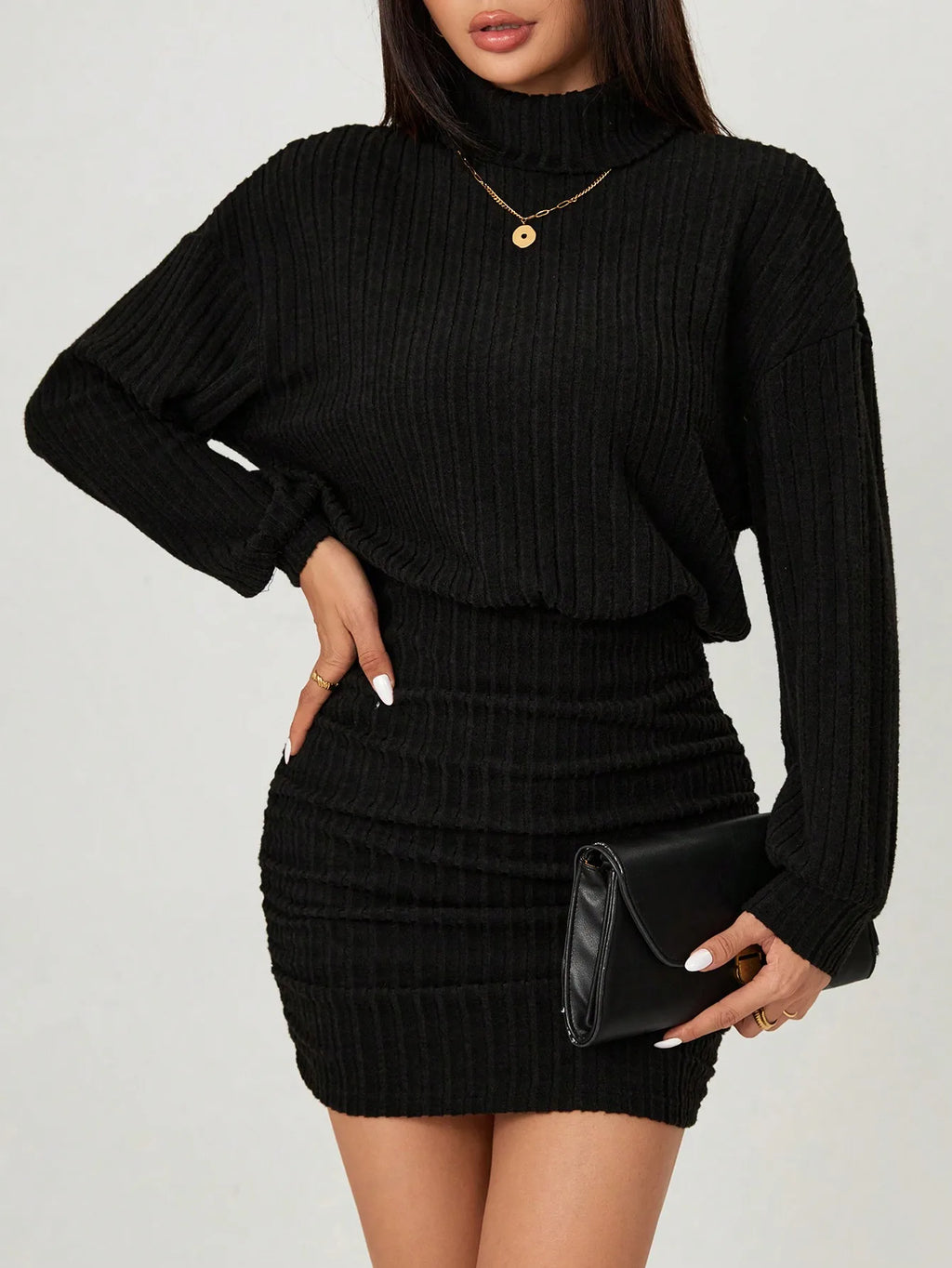 Turtleneck Drop Shoulder Ruched Bodycon Dress,Business Casual Woman
