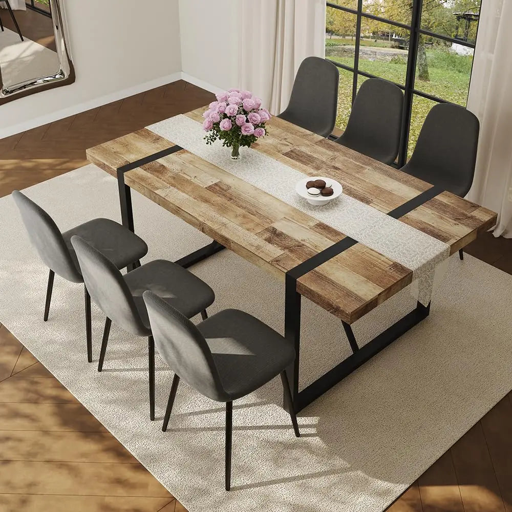Wood Dining Table Set for 6, 71" Large Rectangular Kitchen & Dining Room Table with 6 Suede Upholstered Chairs,, Customized