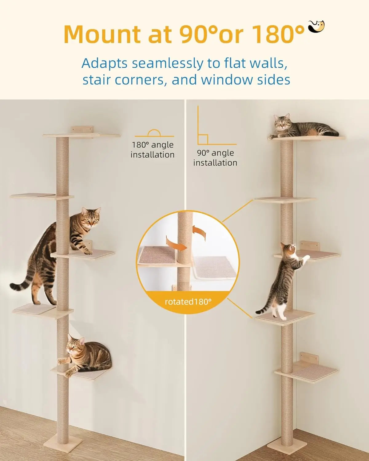 80-Inch Wall-Mounted Cat Tree with Adjustable Perches for Large Cats, Floor-to-Ceiling Climbing Tower