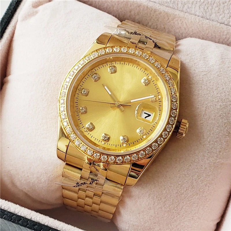 Luxury Gold Plated Mens Watch Full Diamond Bezel Automatic Mechanical Movement Multi Function All Steel Wristwatch Top Watch