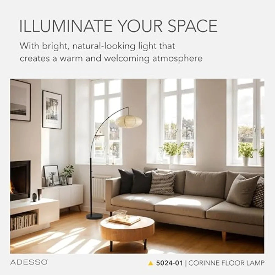 Arc Floor Lamp 80 Tall Black Base Oval Off-White Paper Shade Convenient Overhead Lighting for Living Room Nursery Bedroom or Of