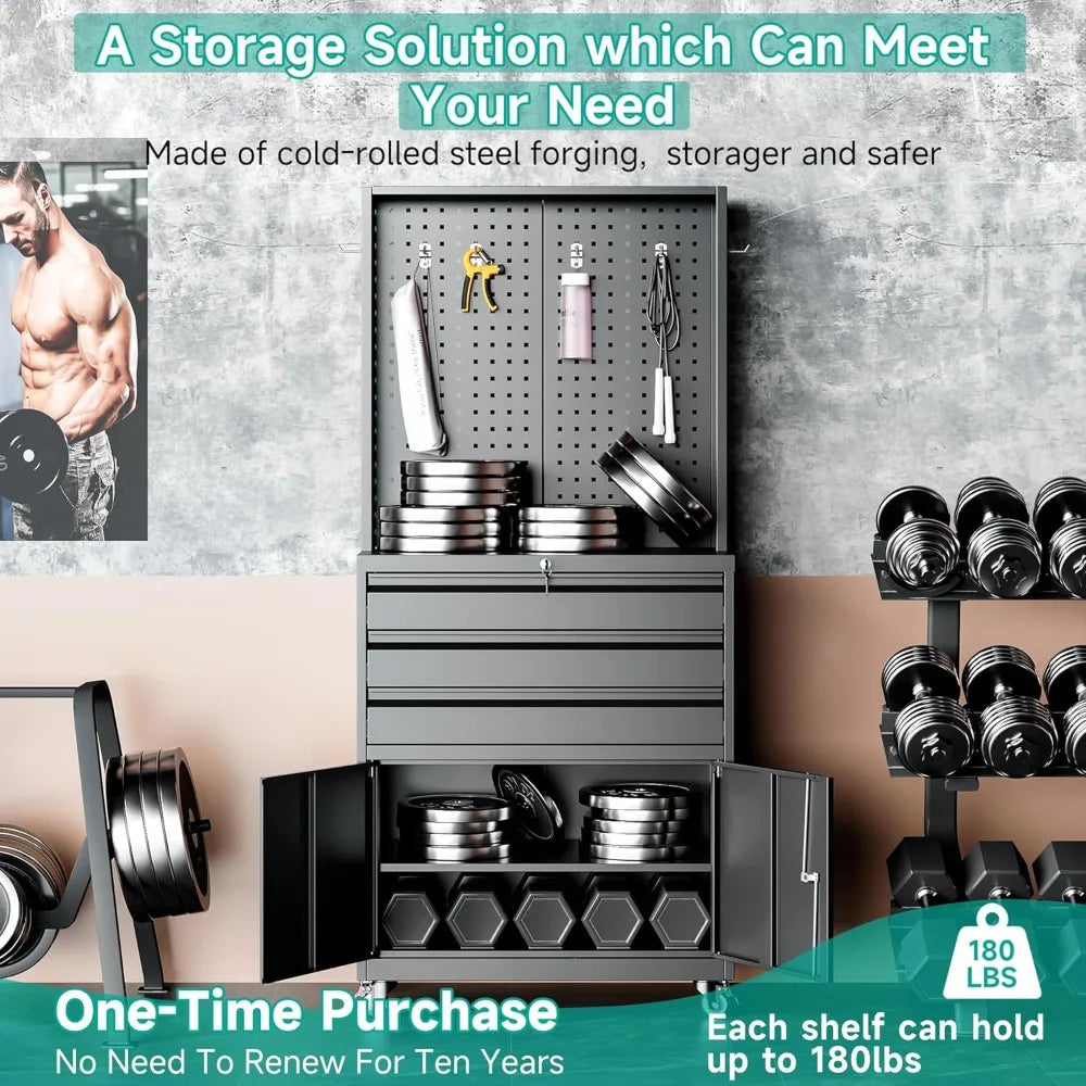 Metal Storage Cabinet with Wheels and Drawers, Rolling Garage Storage Cabinet with Lock, Black Metal Tool Cabinet with Hoo