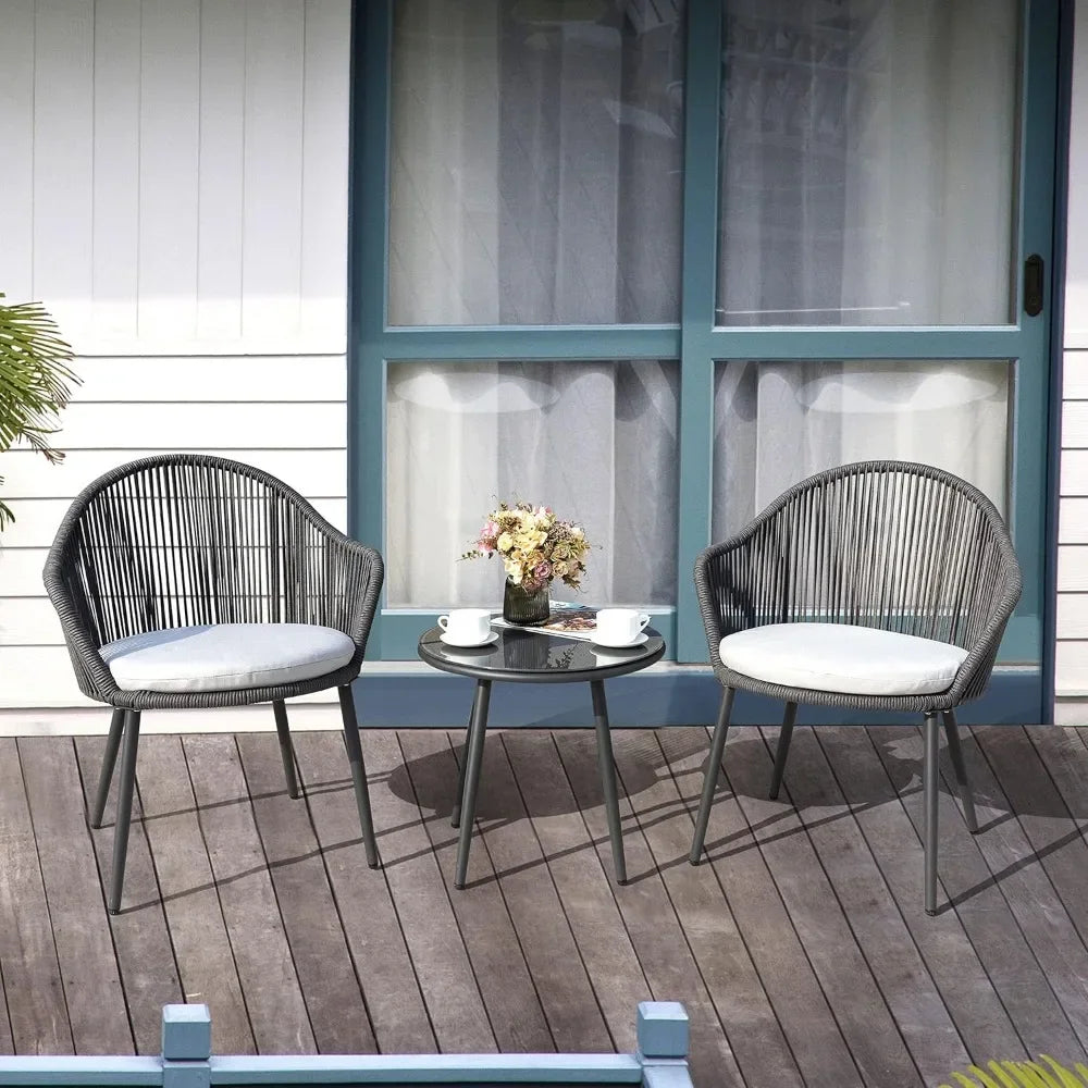 3 Piece Outdoor Bistro Set, Woven Rope Conversation Patio Set, All Weather Patio Furniture Chairs and Table with Cushions
