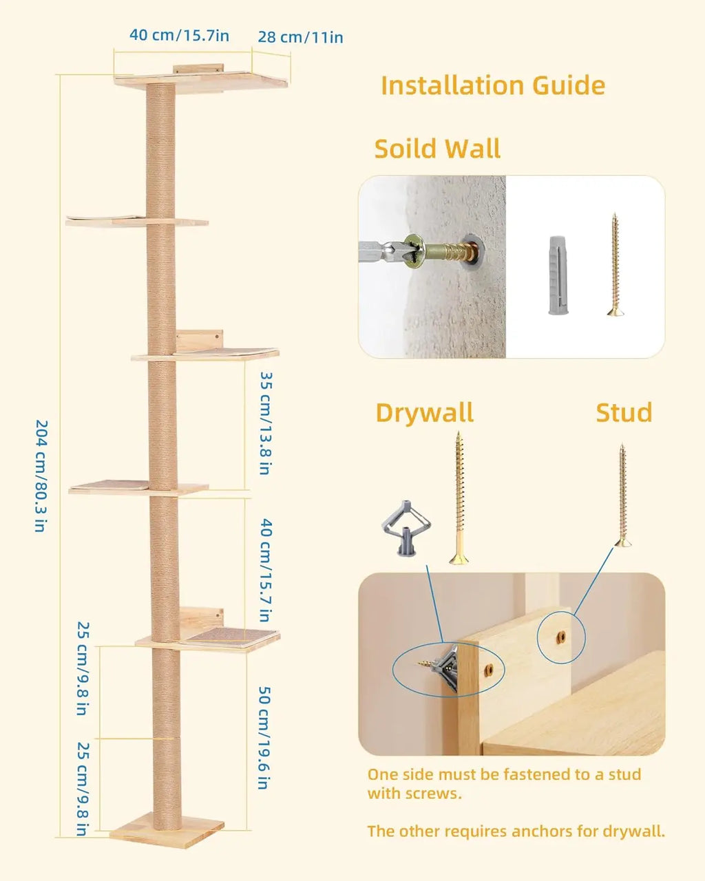 80-Inch Wall-Mounted Cat Tree with Adjustable Perches for Large Cats, Floor-to-Ceiling Climbing Tower