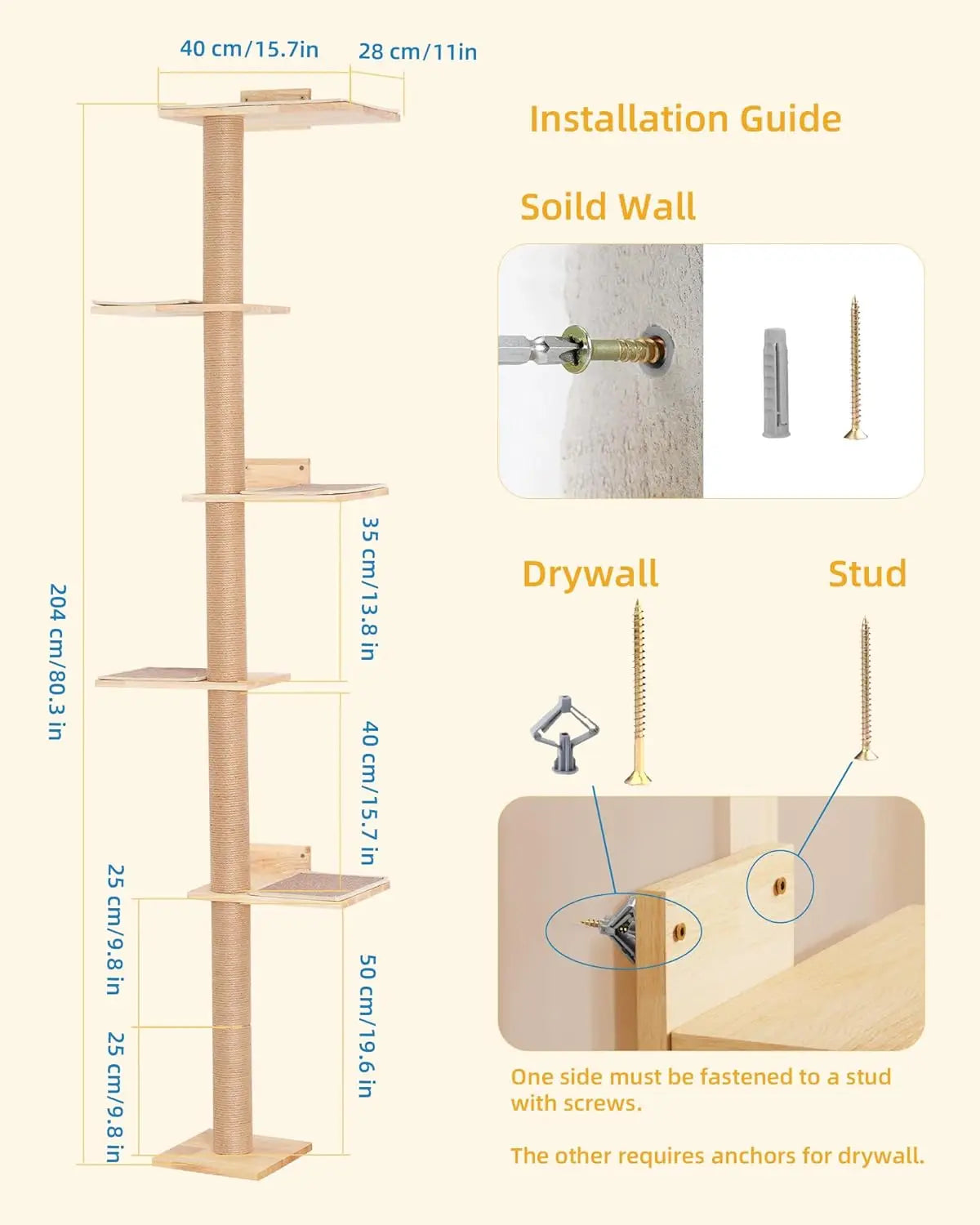 80-Inch Wall-Mounted Cat Tree with Adjustable Perches for Large Cats, Floor-to-Ceiling Climbing Tower