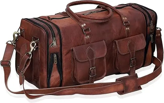 Vintage 24 Inch Genuine Leather Duffle Bag - Handmade Men's Travel Case, Medium Overnight Carry-On Luggage for Weekend Trips