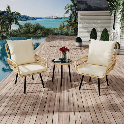 3 Piece Outdoor Patio Bistro Set, Glass Top Coffee Table and Cushioned Chairs Set of 2, All-Weather Rattan Balcony Furniture Set