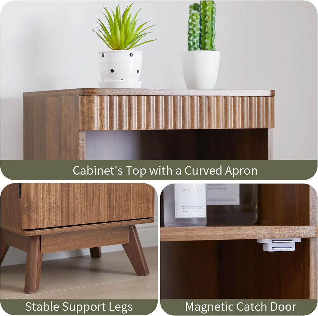68' Tall Narrow Bathroom Cabinet, Walnut Fluted Storage Unit with Door & Shelves, Slim Space-Saving Design for Bath, Kitchen, Li
