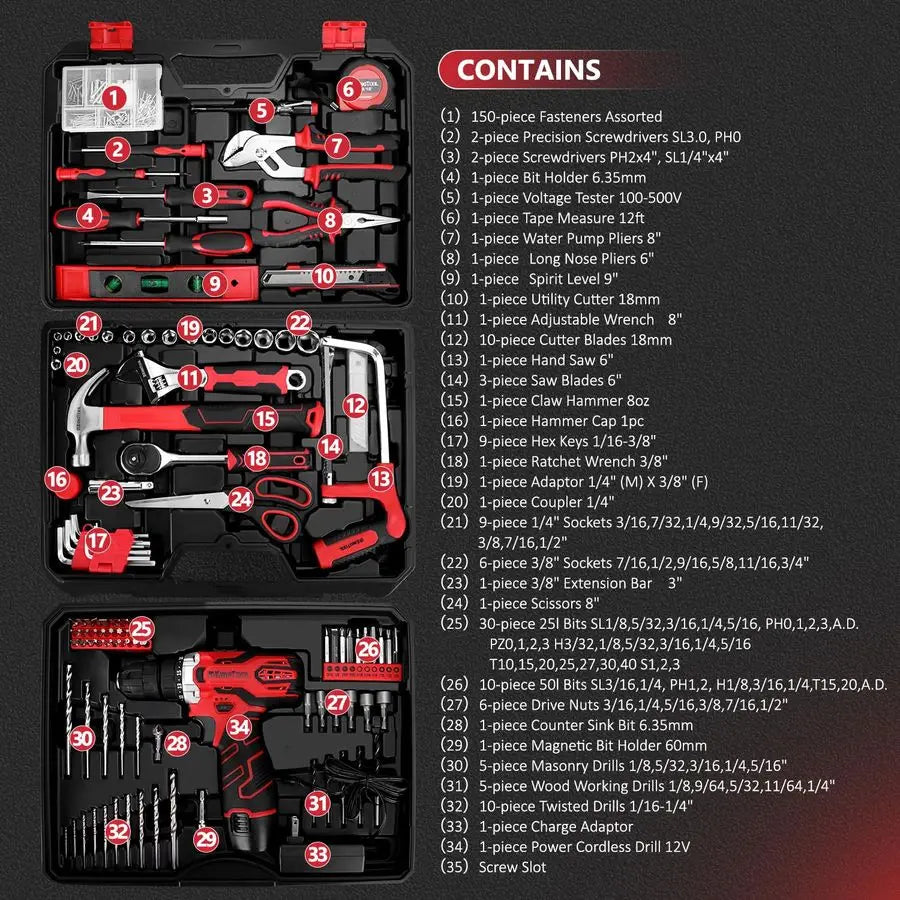 276Piece Tool Set Kit Tool kit with 12V Cordless Power Drill Driver Toolbox Storage Case with Drawer, Drill Set Perfect for Home