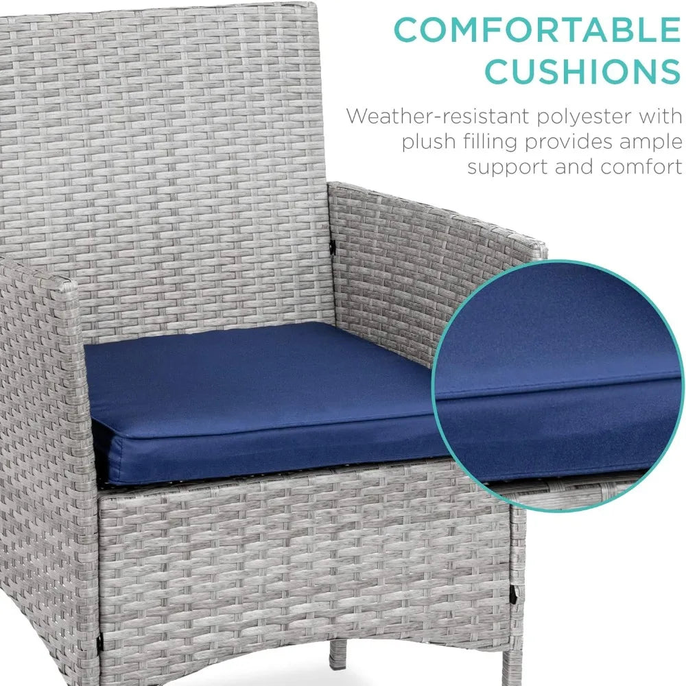 3-Piece Outdoor Wicker Conversation Bistro Set, Space Saving Patio Furniture for Garden w/Side Table - Gray/Navy