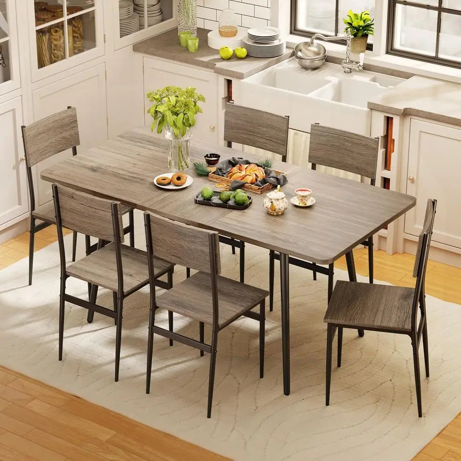 7Piece Dining Table Set for 46 People, Extendable Kitchen Table Set with 6 Chairs, Dining Room Table with Metal Frame and Solid