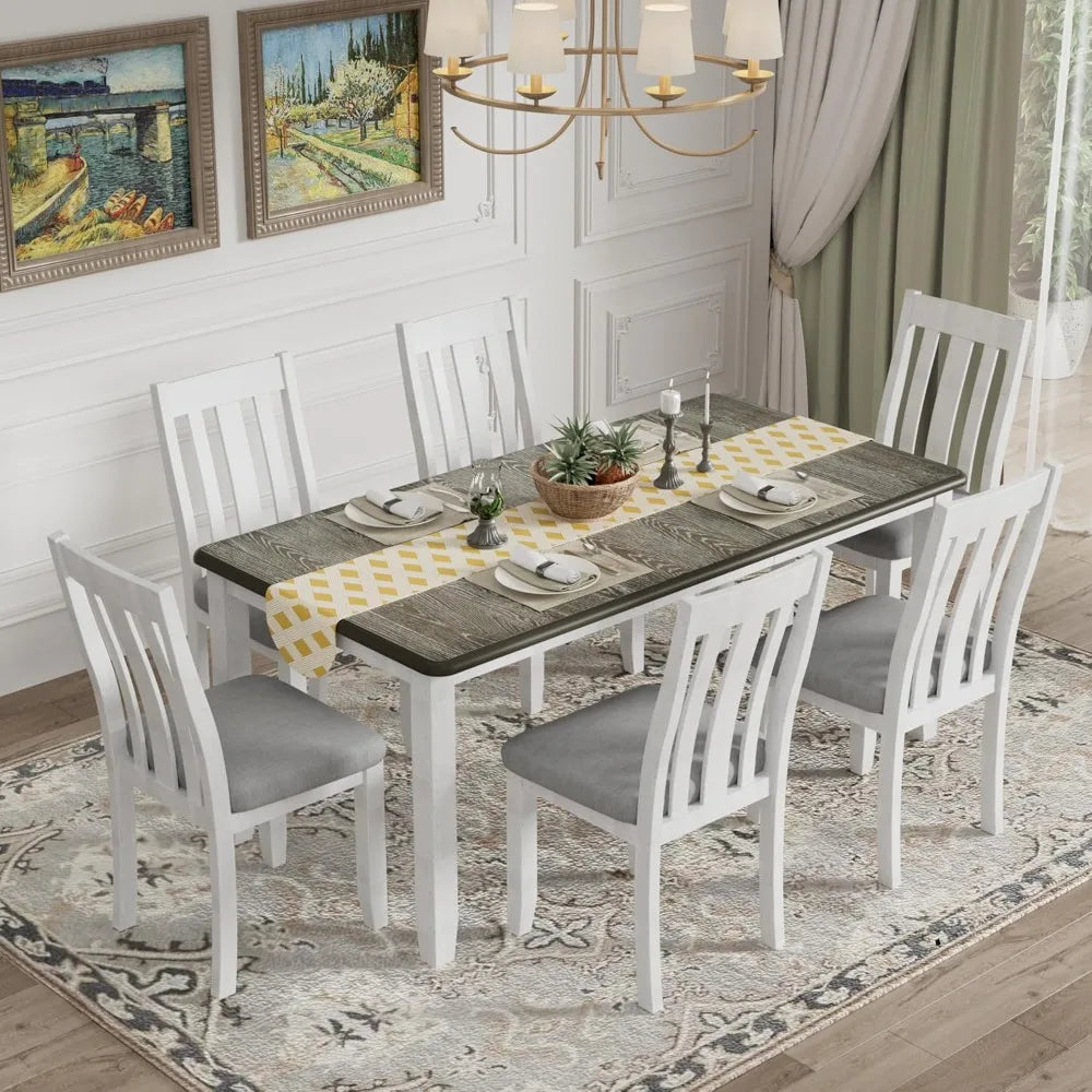 7 Pieces Dining Table Set with Extendable Tabletop and 6 Upholstered Chairs, Solid Wood Kitchen Dining Room Table Set, Kitchen
